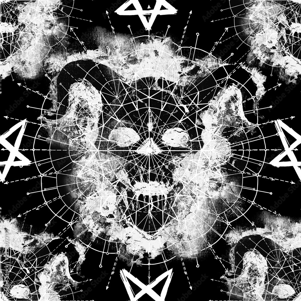 Seamless pattern with evil demon skull and pentagram on black. Death