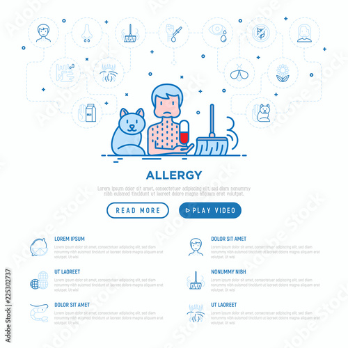 Man with allergy and thin line icons of allergens around: runny nose, dust, streaming eyes, lactose intolerance, citrus, seafood, gluten free, dust mite. Vector illustration, web page template.