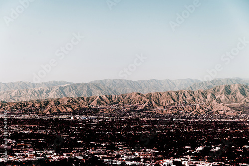 Aerial view of cityscape of downtown Los Angeles, California in color infrared