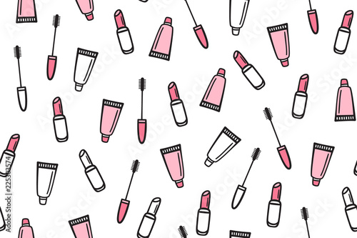 Vector seamless pattern with cosmetics. Mascara, brush and lipstick. Hand drawn style