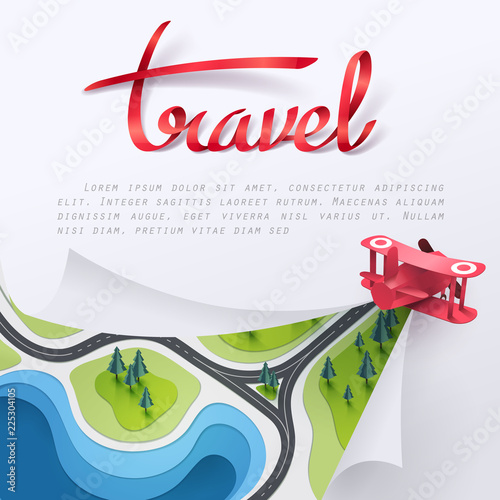 Paper art of red plane fly and cut a paper at the same time, travel and explore concept