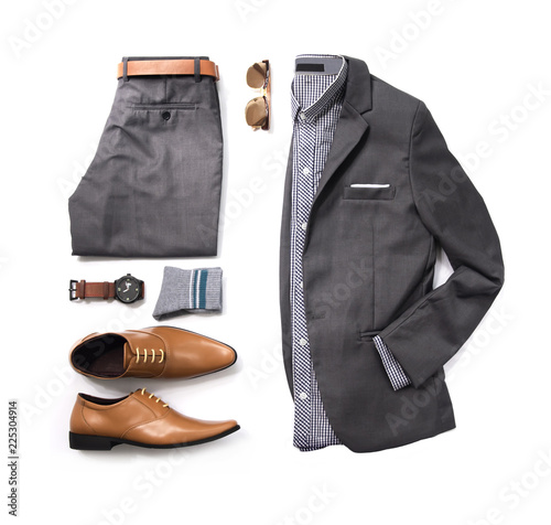 Men's casual outfits for man clothing with gray suit , watch, sunglasses, trousers, socks, shirt and oxford shoes isolated on white background, Top view. pack shot