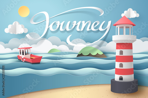 Paper art of Lighthouse and journey calligraphy lettering, origami and travel concept