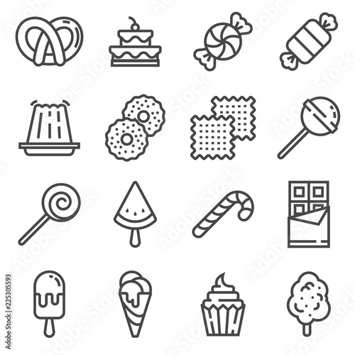 Vector line Sweets and candy icon set.