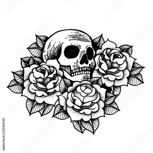 Rose tattoo with skull. Roses isolated vector illustration.
