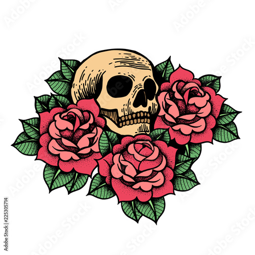 Rose tattoo with skull. Roses isolated vector illustration.