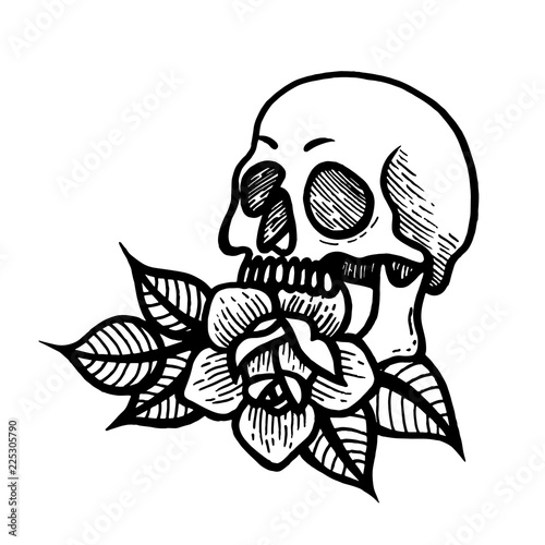 Rose tattoo with skull. Roses isolated vector illustration.