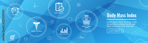 BMI or Body Mass Index Icons with scale, indicator, & calculator