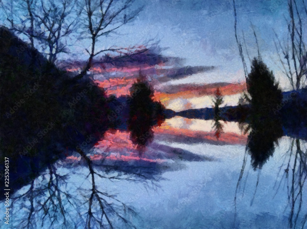 Lake Sunset Painting, Blue Landscape Watercolor Painting, Or