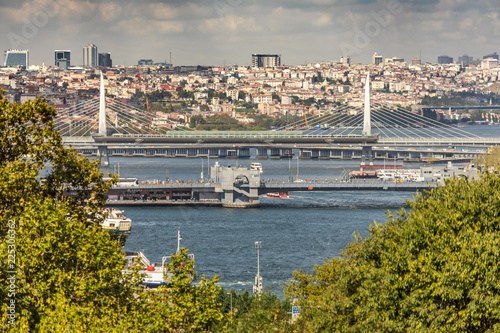 View over the Golden Horn with the Galata Bridge and the Atatürk Bridge in Istanbul.