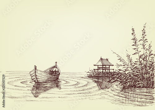 Lake drawing, empty boat on water ripples, cattail and fishery on shore