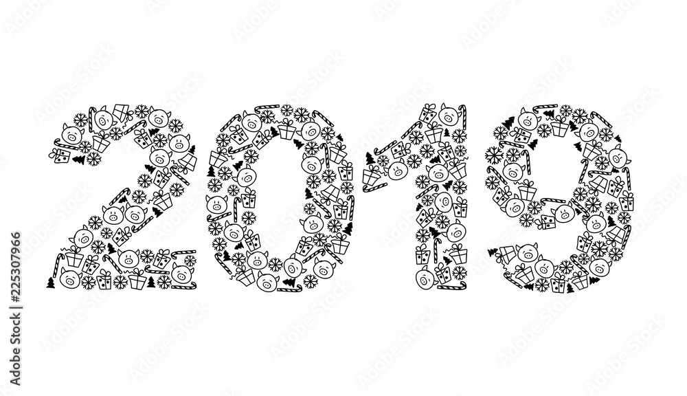2019 complex composed of pigs and New Year's candy white 2019 complex composed of pigs and New Year's candy white