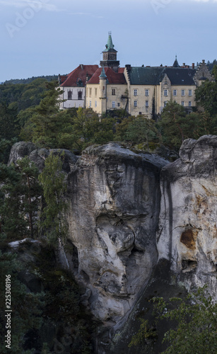 Morning view from the "Marianske" view of the castle "Hruba skala" during sunrise. Castle over rocks in "Cesky raj" in the Czech Republic.