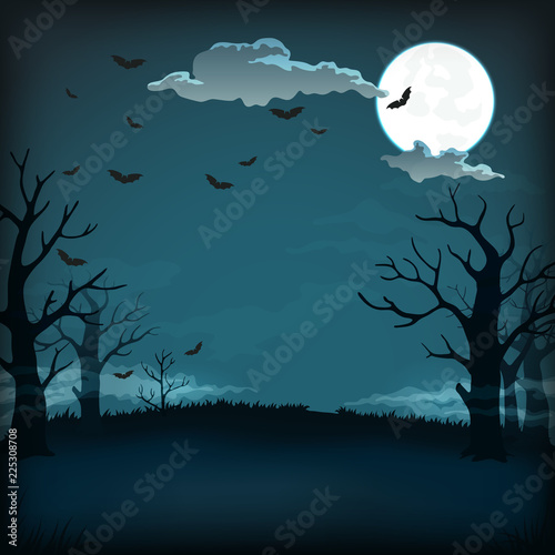 Spooky night background with full moon, clouds, bats, bare trees silhouettes and dark blue sky.