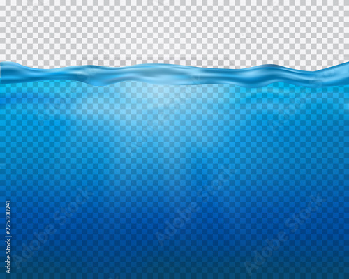 Vector blue underwater view with sun rays and waves isolated on transparent background