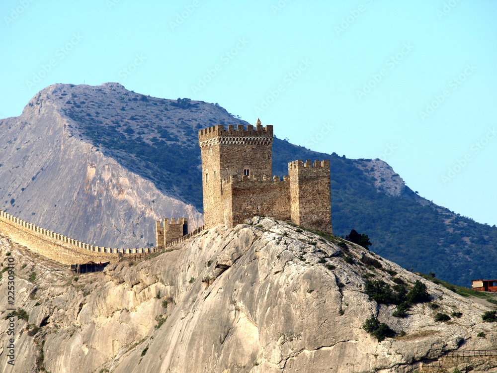 Sudak fortress. Crimea. Russia. Tower and wall of ancient fortress