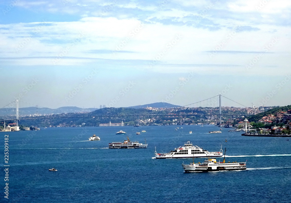 Ships on the Bosphorus and Istanbul city panorama