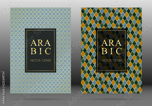 Arabesque pattern vector cover page layout design collection in arabic style mosaic in gold grid. Islamic background, moroccan, turkish, persian, ottoman pattern vector template. Ethnic motifs.