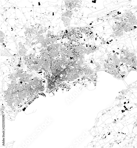 Cartina di Brest, Francia, vista satellitare, mappa in bianco e nero. Stradario e mappa della città