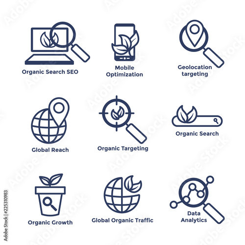 Search and SEO Web Header Hero Image Banner with organic growth, search, and locality ideas icon set