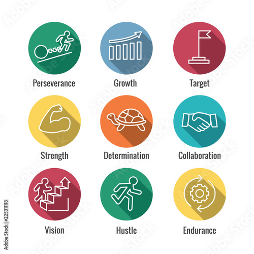 Persistence icon set with image of extreme motivation and drive set on persevering