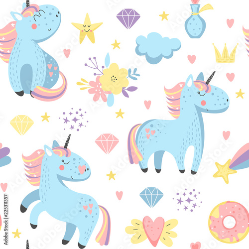 Seamless pattern with cartoon unicorns