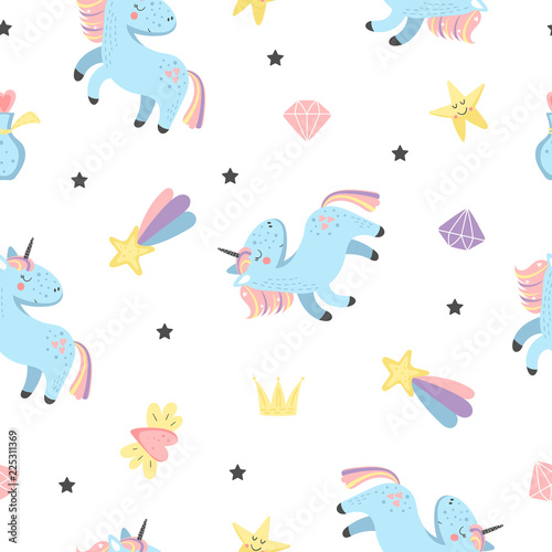 Seamless pattern with fairy unicorns