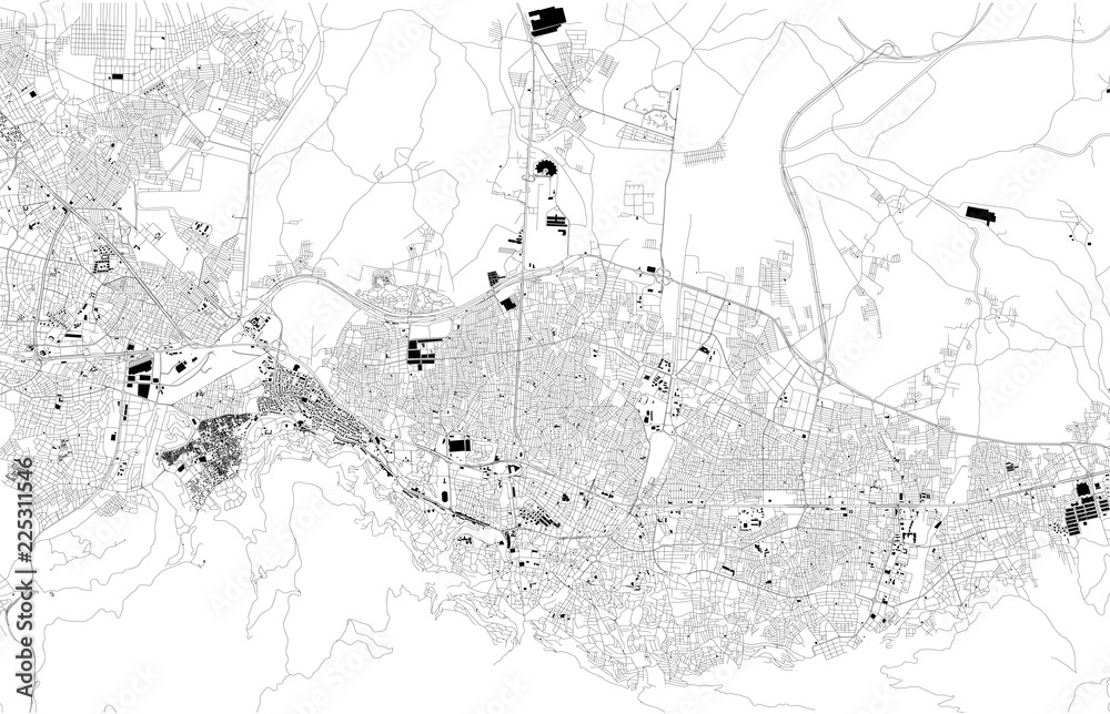 Cartina di Bursa, Turchia, vista satellitare, mappa in bianco e nero. Stradario e mappa della città. Asia