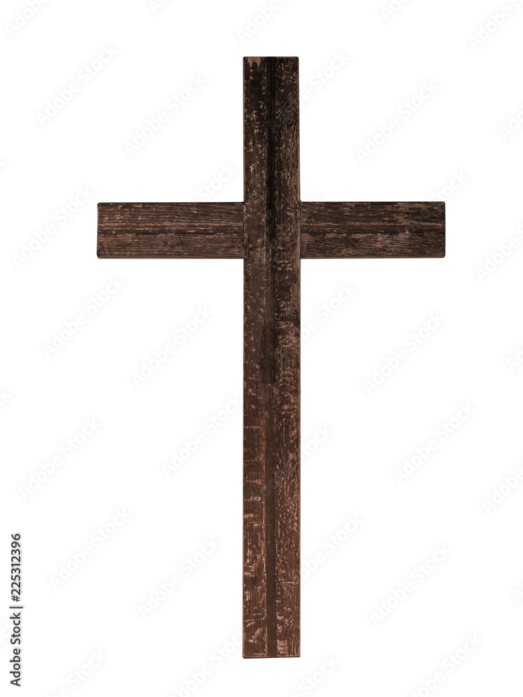 Fototapeta premium Stary rustykalny drewniany krzyż na białym tle. Wiara chrześcijańska.