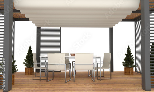 3D render of modern luxury garden pergola. With plants and furniture. Isolated on white background.