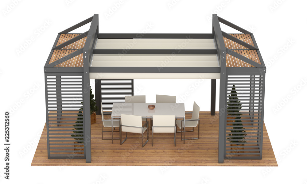 3D render of modern luxury garden pergola. With plants and furniture ...