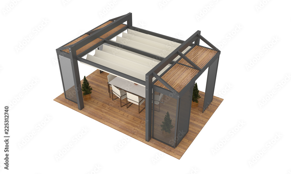 3D render of modern luxury garden pergola. With plants and furniture ...