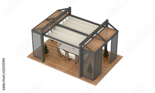 3D render of modern luxury garden pergola. With plants and furniture. Isolated on white background.
