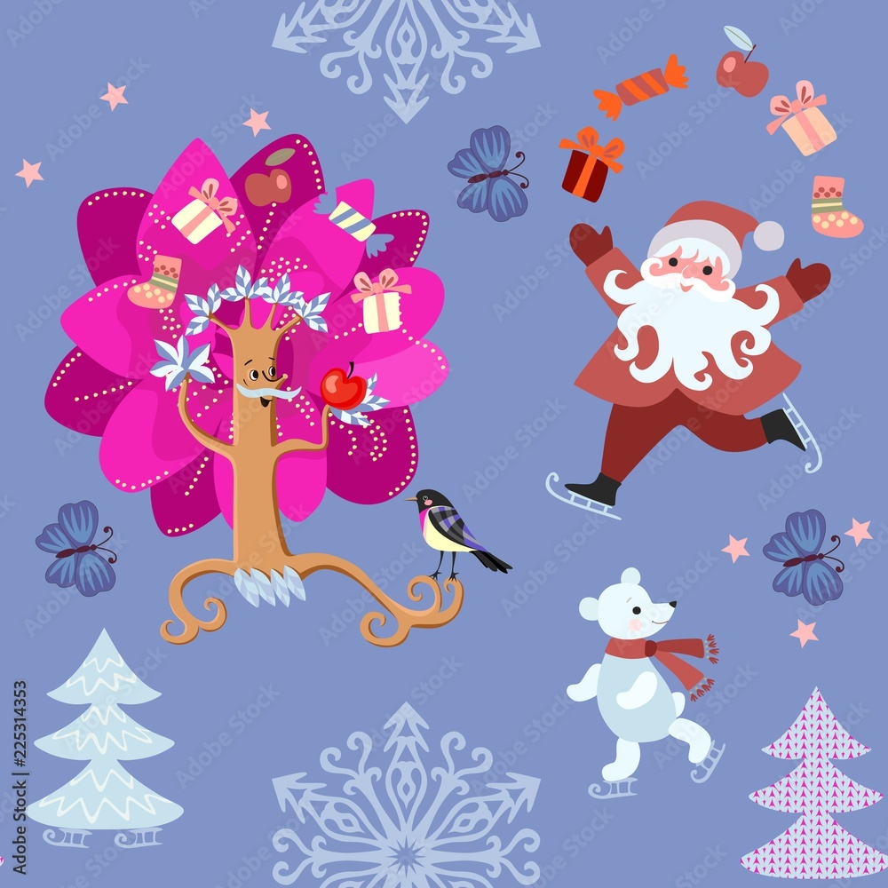 Seamless christmas pattern with santa Claus and little polar bear on skates, beautiful winter tree, snowflakes and blue butterflies in vector. Seamless christmas pattern with santa Claus and little polar bear on skates, beautiful winter tree, snowflakes and blue butterflies in vector.