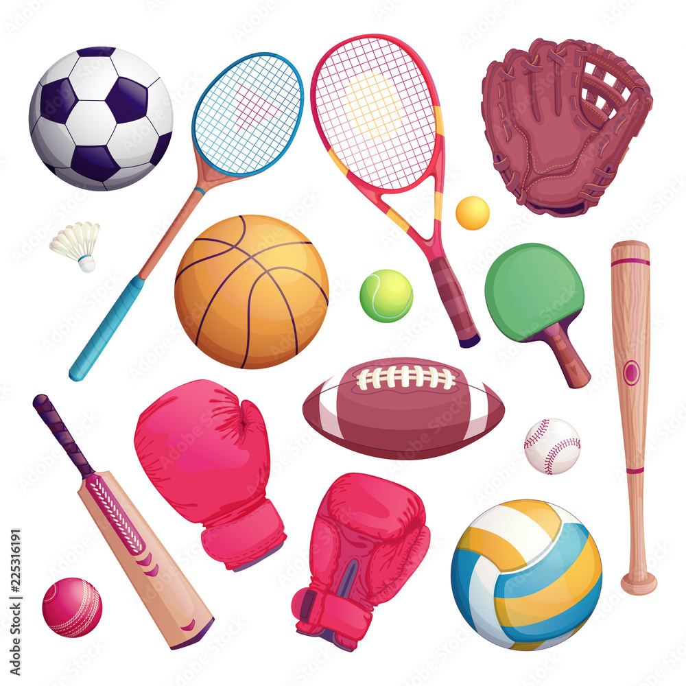 Sports equipment isolate objects. Vector cartoon illustration of football soccer tennis cricket baseball game Stock Vektorgrafik Adobe Stock