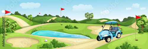 Golf course with green, water and sand bunker. Summer landscape vector cartoon illustration. Golf cart and flags on lawn