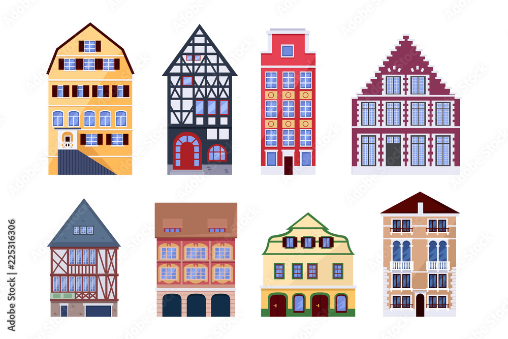 Europe old town houses. Building vector flat isolated illustration. City architecture design elements