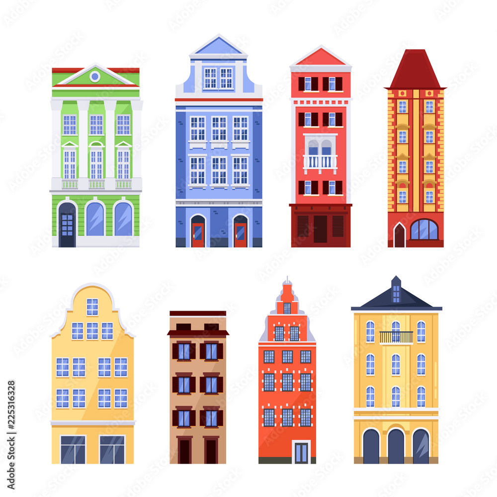 Old colorful buildings, vector flat isolated illustration. European traditional house facade. City architecture elements