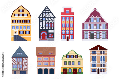 Europe old town houses. Building vector flat isolated illustration. City architecture design elements