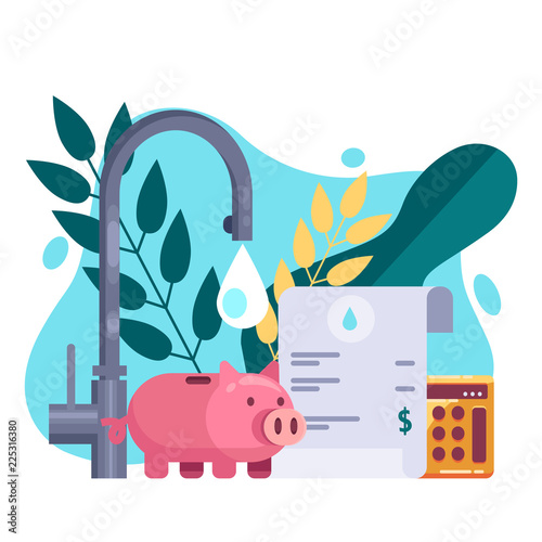 Utility bills and saving resources concept. Vector flat illustration. Water invoice payment