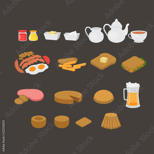 British menu. English breakfast, lunch and dinner. Sausage, egg, becon. Sandwich. Fish and chips, pudding. London tea