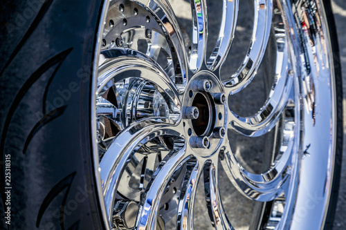 Chromed car wheels with disc brakes, close-up