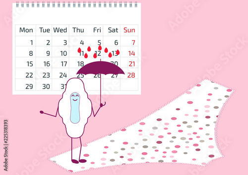 Vector illustration of menstrual pad with umbrella, calendar, pants. First woman menstruation. Menstruation and feminine hygiene products. Women protection in menses rainy day. Monthlies period.