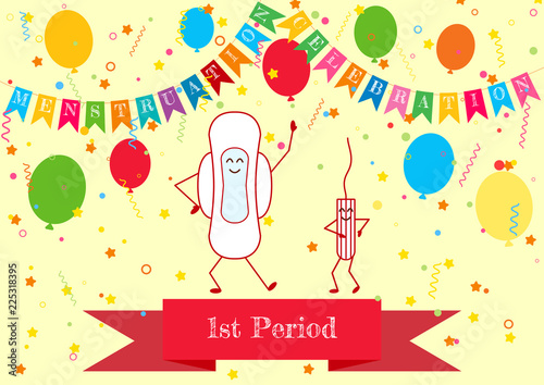 Vector illustration of dancing menstrual pad and tampon. Menstruation period and feminine hygiene products. First girl menstruation party time. Celebrating daughters menses days. Carnival background.