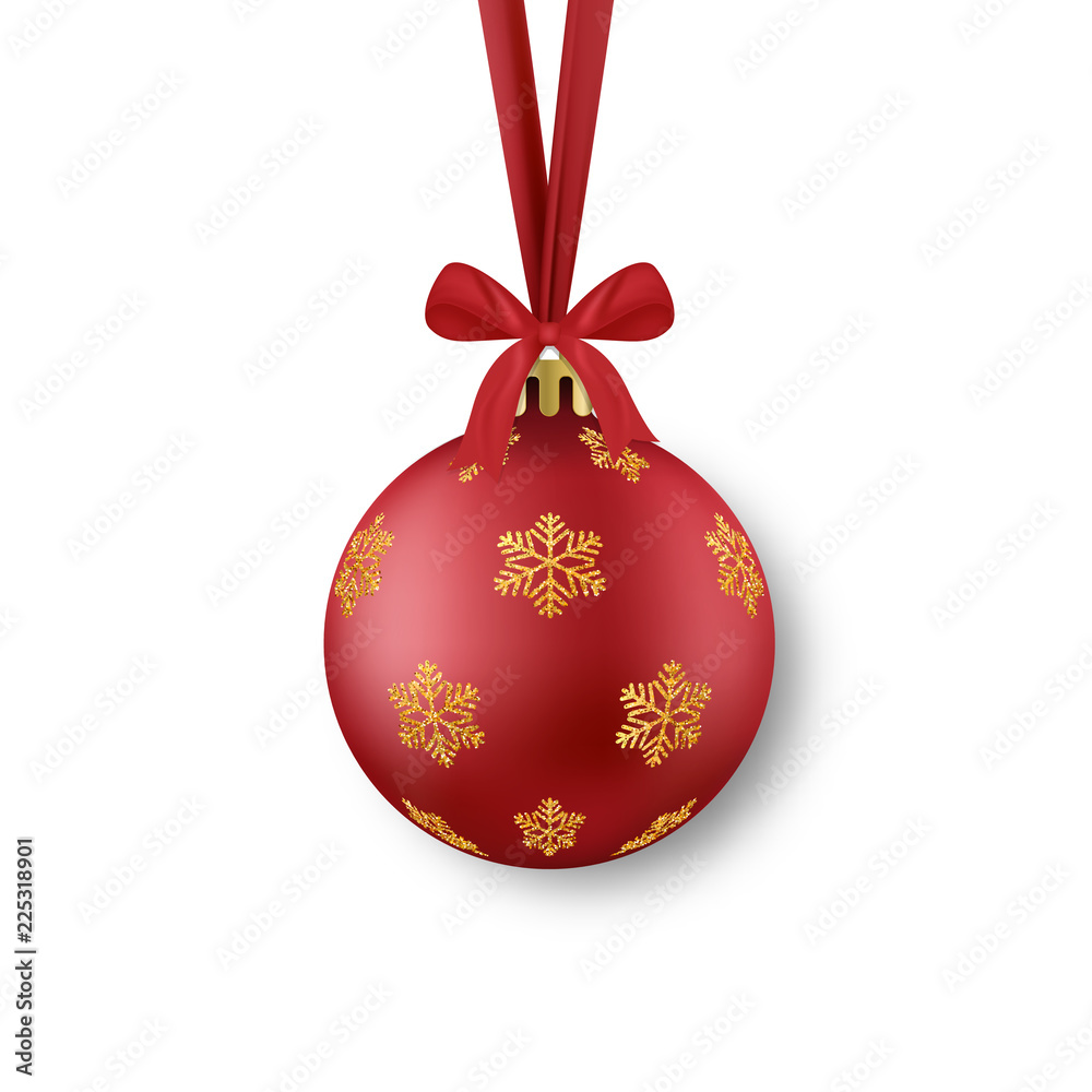 Christmas ball. Realistic red Xmas ball with gold glitter snowflakes decor Christmas ball. Realistic red Xmas ball with gold glitter snowflakes decor