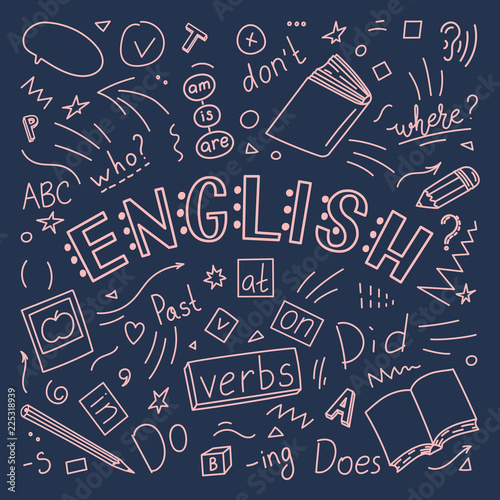 English. Language hand drawn doodles and lettering. Education vector illustration.