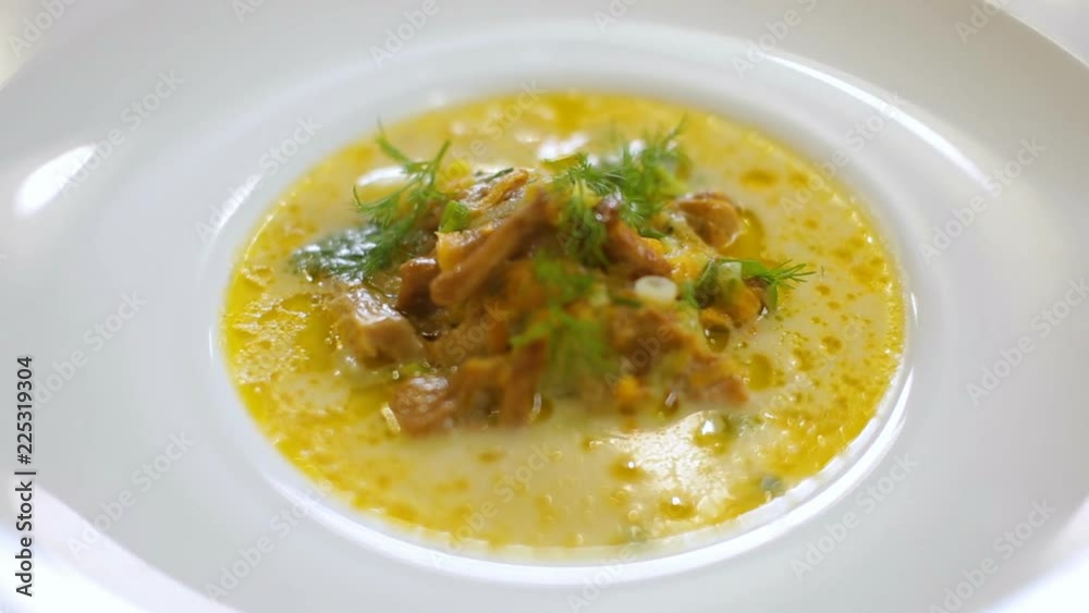 mushroom soup with chanterelles and wild mushrooms - lunch menu of the restaurant mushroom soup with chanterelles and wild mushrooms - lunch menu of the restaurant
