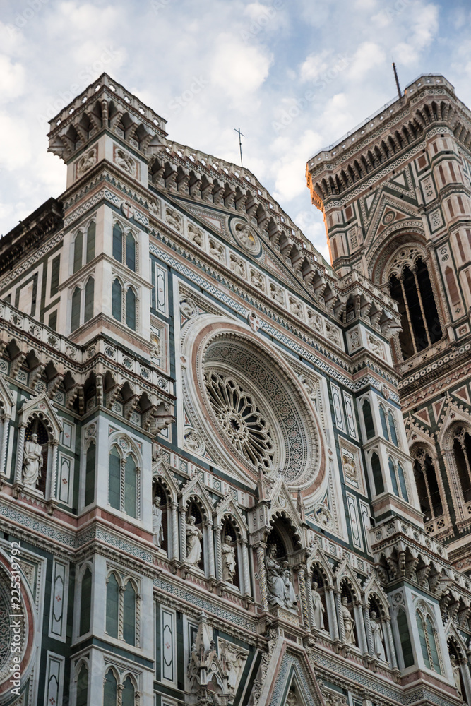Facade and Tower of Cathedral of Saint Mary of Flower in Florence, Italy, Europe