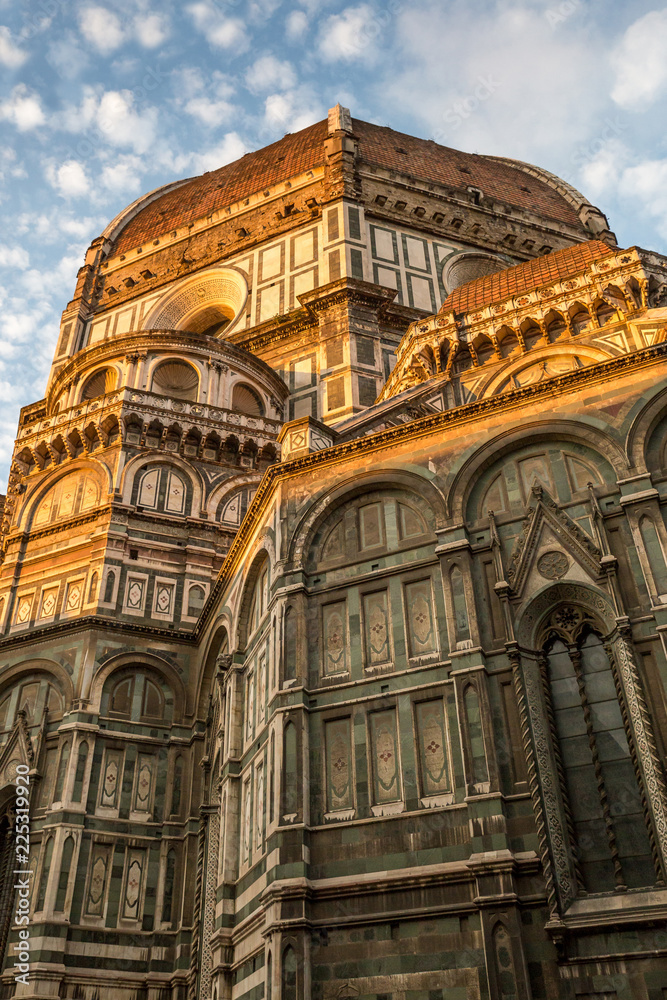 Facade and Dome of Cathedral of Saint Mary of Flower in Florence in Sunrise, Italy, Europe