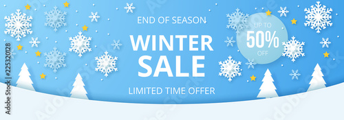 Winter sale banner. Origami snowfall. Vector Illustration.